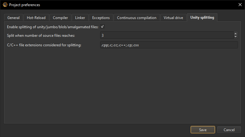 Project preferences unity splitting